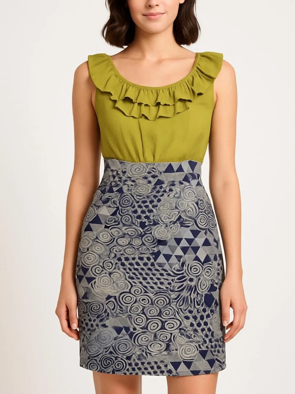 Maeve Yellow/Green Ruffle Neck Dress with Blue Gray Patterned Skirt